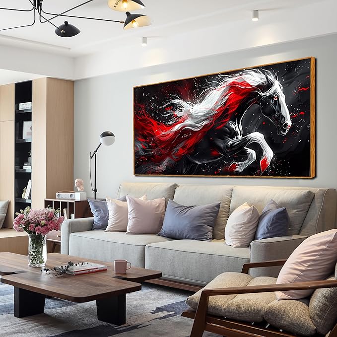 Ouzzlie Horse Wall Art Red Wall Decor Living Room Animal Pictures Black White Wall Decorations for Living Room 29" x 59"