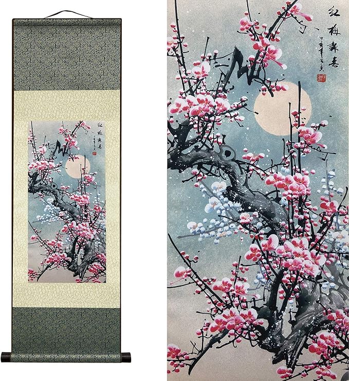 AtfArt Asian Wall Decor Beautiful Silk Scroll Painting Flowers - Plum - Red Plum Primula Primula Rubra Oriental Decor Chinese Art Wall Scroll Wall Hanging Painting Scroll (36.2 x 12 in)
