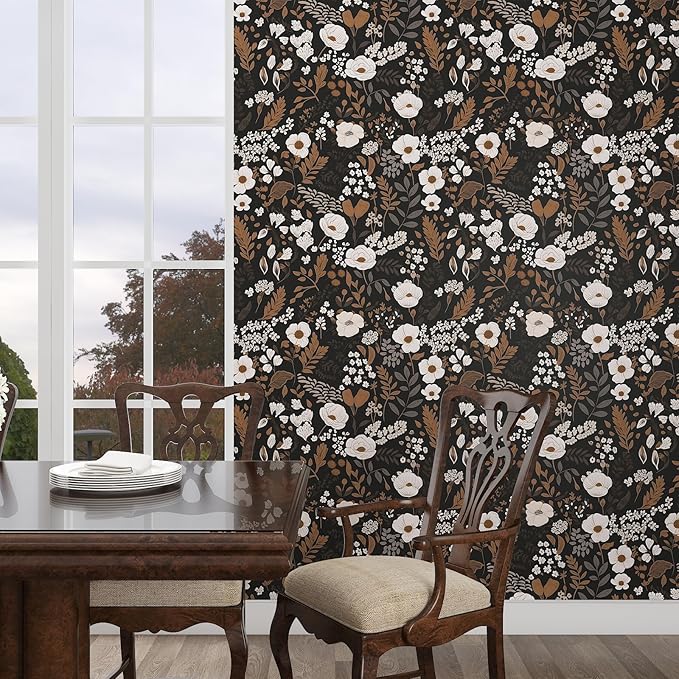 Brown Floral Peel and Stick Wallpaper Leaf Vintage Contact Paper Boho Flower Wall Paper Removable Wallpaper Self Adhesive for Cabinet Drawers Wall Decor 17.5''x118.1''