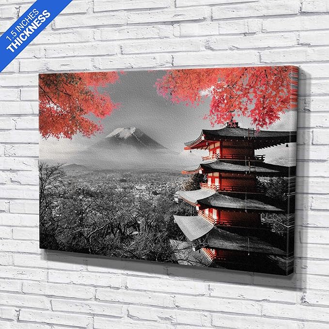 Japanese Temple in Autumn Black White Red Canvas Art Wall Art Home Decor (36in x 24in Gallery Wrapped)