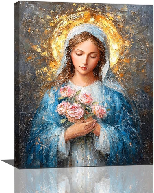 Christian Mary Wall Art Mary Mother Of God Canvas Wall Decor Catholic Blessed Mother with Roses Pictures Christ Paintings Prints Religious Bible Artwork Framed Decorations For Church Prayer Room Chapel Bathroom Bedroom Living Room Gifts 16" x 20"