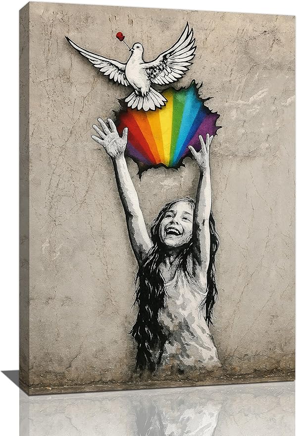 Banksy Street Graffiti Wall Art Rainbow Canvas Wall Decor Love And Peace Pictures Paintings Prints Artwork Framed Modern Decorations For Bedroom Bathroom Office Living Room Gifts 16" x 24"