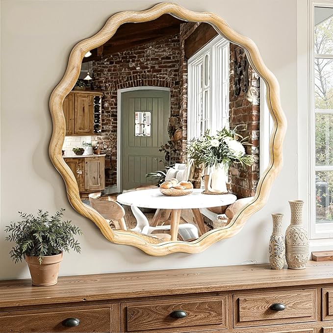 Circle Wood Mirrors for Wall, Wavy Round Bathroom Scalloped Mirror Wooden Frame 24 Inch for Living Room Farmhouse Bedroom Hallway Entryway Living Room with Shatterproof Glass Wall Mounted