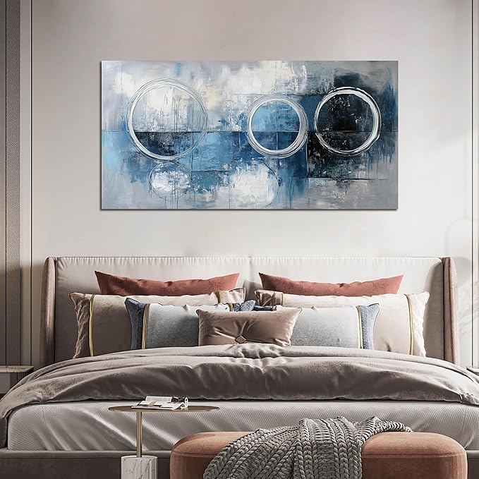 AOZEMI Abstract Wall Art Large Blue Picture Wall Decor Grey and White Circle Modern Artwork Art for Living Room Office 24"x 48"