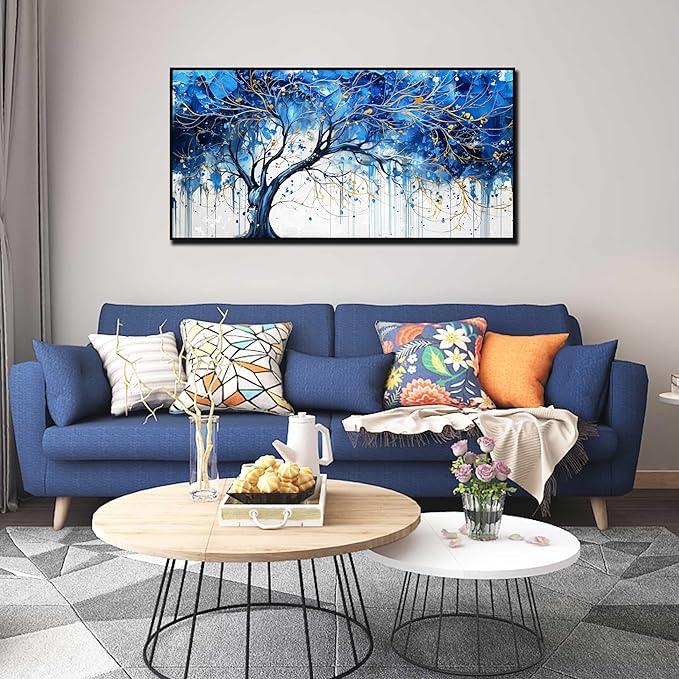 Blue Tree Wall Art Bedroom - Modern Canvas Art Wall Decor for Living Room - Framed Wall Art Size 24" x 48"