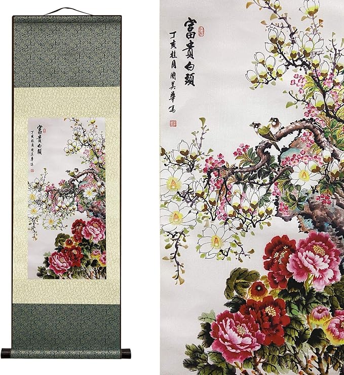 AtfArt Asian Wall Decor Beautiful Silk Scroll Painting Flowers - Rich and noble - Rich White Head Oriental Decor Chinese Art Wall Scroll Wall Hanging Painting Scroll (36.2x 12 in)
