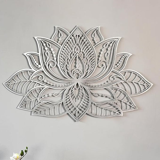 Colorfull Worlds Mandala Metal Wall Decor, Lotus Flower Meditation Room Decor, Minimalist Zen Garden Bohemian Gift for New Year (36" x 23" | 91 x 59 cm, Silver)