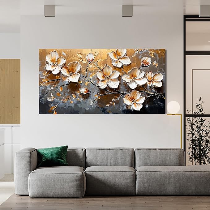 Canvas Wall Art Decor Wall Art Pictures for Living Room Vintage Floral Wall Art Decor White Gold Wall Art Prints Large Artwork for Walls Canvas Art Wall Decor for Bedroom Office Wall Decor 20" X 40"