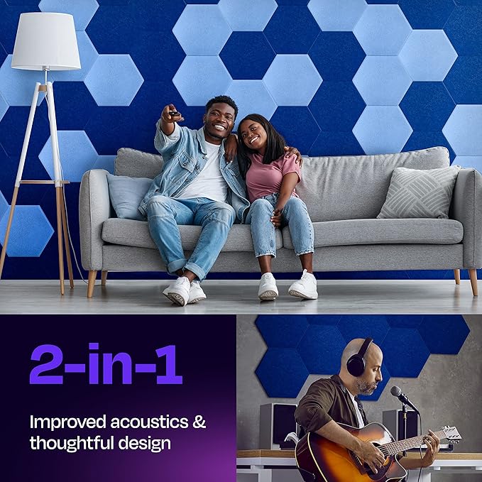 Acoustic Panels 12-Pack Soundproof Wall Panels 14"X12.1"X0.4" Sound Panels High Density Sound Dampening Panels - [Admiral Blue Hexagon]