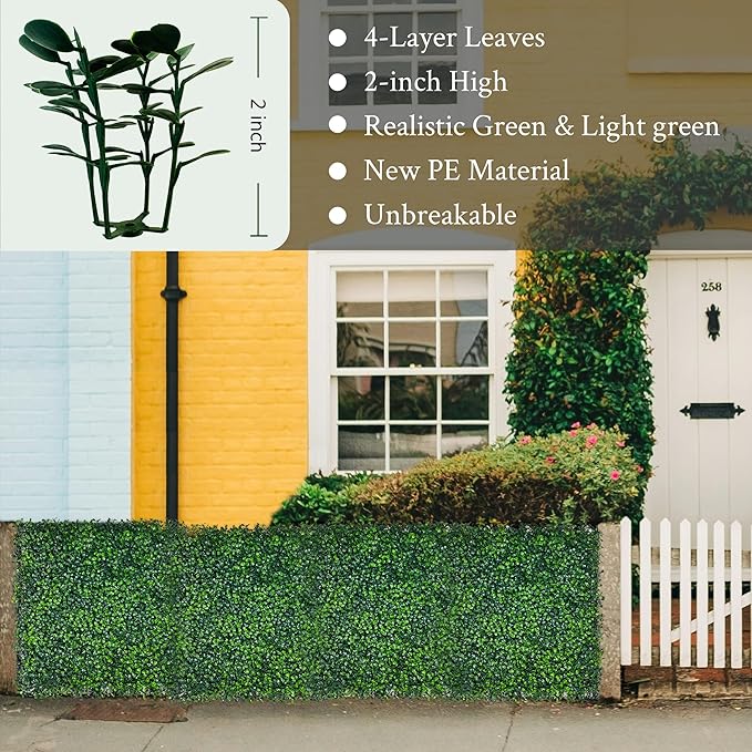 Artificial Grass Wall Panel,10"x 10"(8P) 4-Layer Leaf UV-Anti Greenery Faux Boxwood for Indoor,Outdoor Patio Balcony Privacy & Ivy Fence Covering Privacy, Garden, Backyard Wall Backdrop Decor