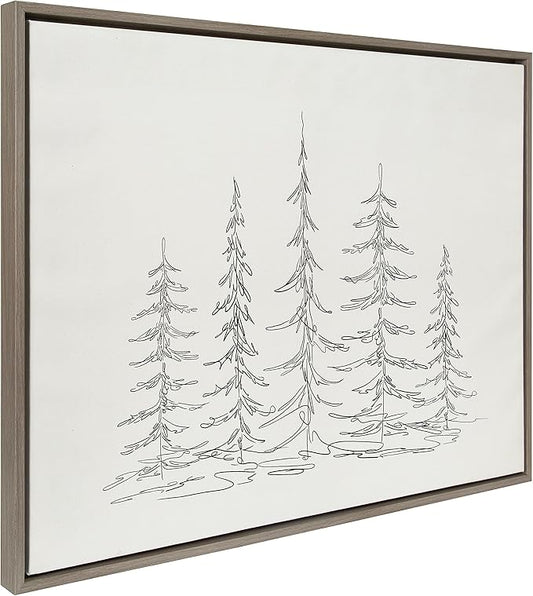 Kate and Laurel Sylvie Minimalist Evergreen Trees Sketch Framed Canvas Wall Art by The Creative Bunch Studio; 28x38 Gray; Modern Minimal Tree Line Wall Art