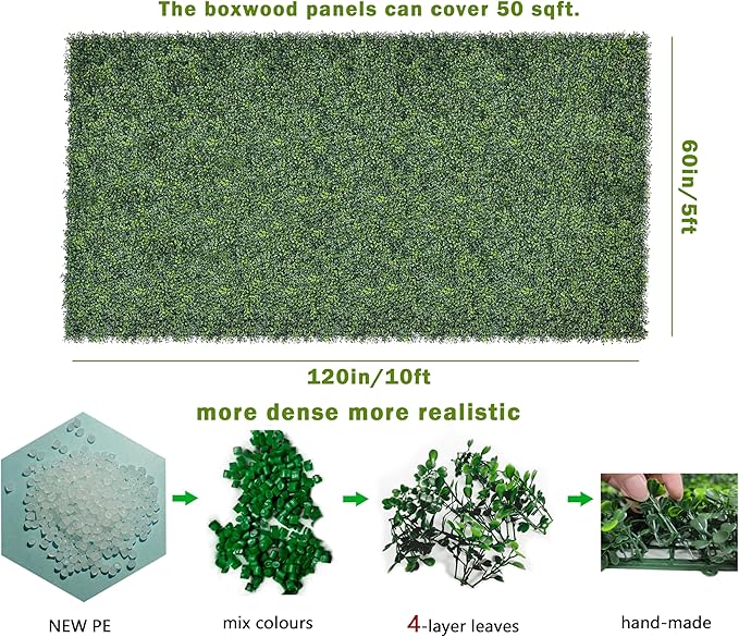 Bybeton Artificial Plant Screen,60"x120" (50 sqft) UV-Anti Faux Boxwood Leaves Grass Wall Panels for Patio Balcony Privacy, Garden, Backyard Greenery Wall Backdrop and Fence Decor