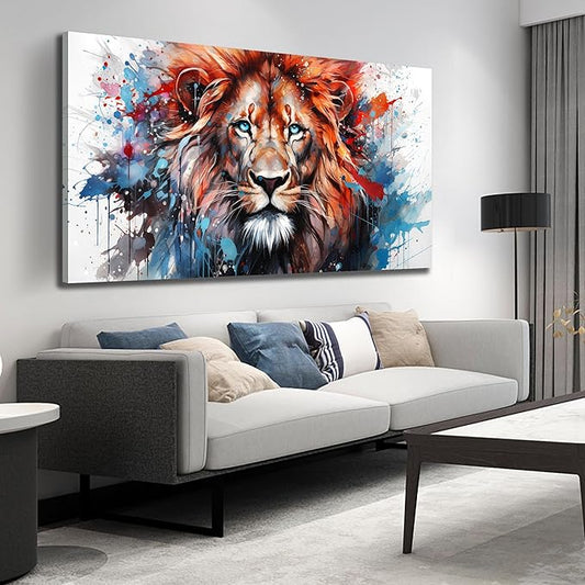 Lion Picture Wall Art For Bedroom Modern Large Wall Decor For Living Room Brown and Blue Canvas Wall Art For Office Size 36 x 72 Inch