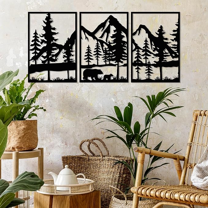 Mountain and Bear Metal Wall Art Set of 3, Forest Wall Decor, Mountain Forest Landscapes Ready to Hang Wall Decorations, Wilderness Scenery Art, Modern Art for Farmhouse, Living Room, Bedroom