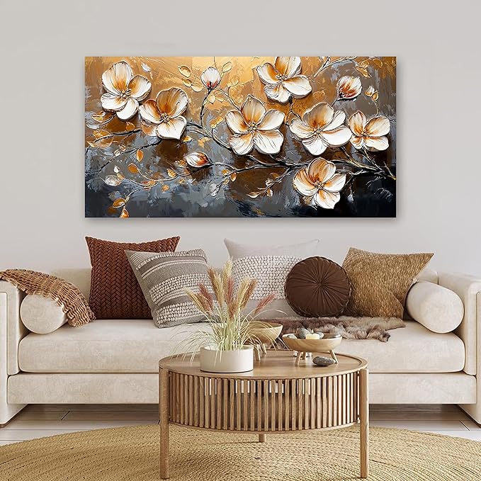Canvas Wall Art Decor Modern Wall Art Pictures for Living Room Canvas Art Wall Decor Large Artwork for Walls Gold Floral Wall Art Decor White Wall Art Prints for Bedroom Office Wall Decor 24" X 48"