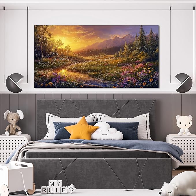 Canvas Wall Art Decor Wall Art Pictures for Living Room Artwork for Walls Large Vintage Landscape Art Prints Canvas Art Wall Decor Countryside River Wall Art Bedroom Home Aesthetic Wall Decor 24"X48"