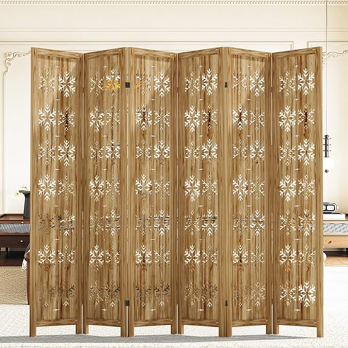 Casaphoria 6 Panels Room Divider, Folding Screen Room Divider with Snowflake Pattern for Home Office, Restaurant and Bedroom, Paulownia Wood, 95" W x 67" H (Natural)
