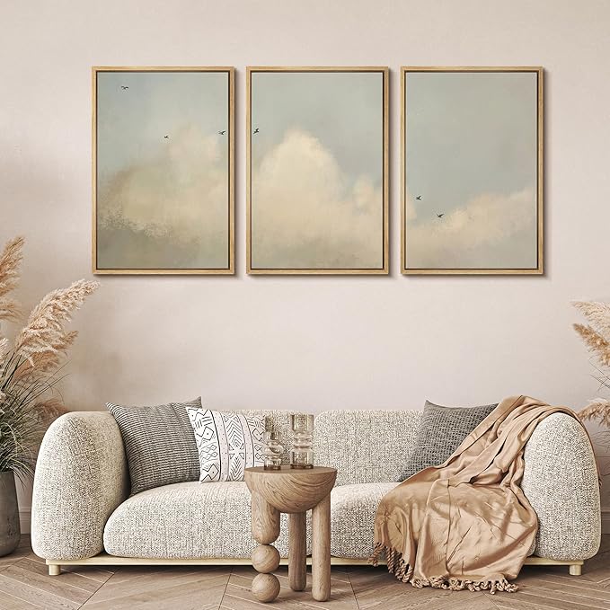 MUDECOR Framed Wall Art Print Set Minimalist Serene Sky with Birds Illustrations Modern Art Boho Decorative Colorful Chic for Living Room, Bedroom, Office - 24"x36"x3 Natural