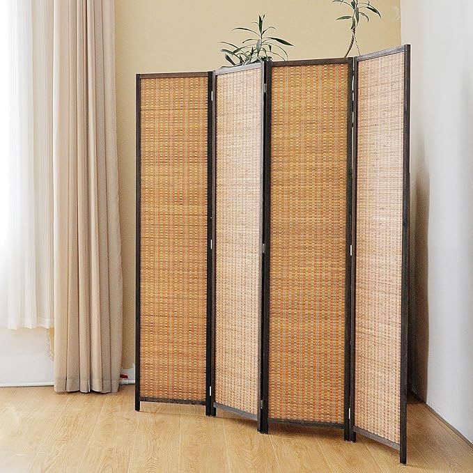 4 Panel Room Divider Screen,5.6 FT Tall Bamboo Panel Divider Folding Privacy Screen,Freestanding Room Divider for Room Seperation,Brown