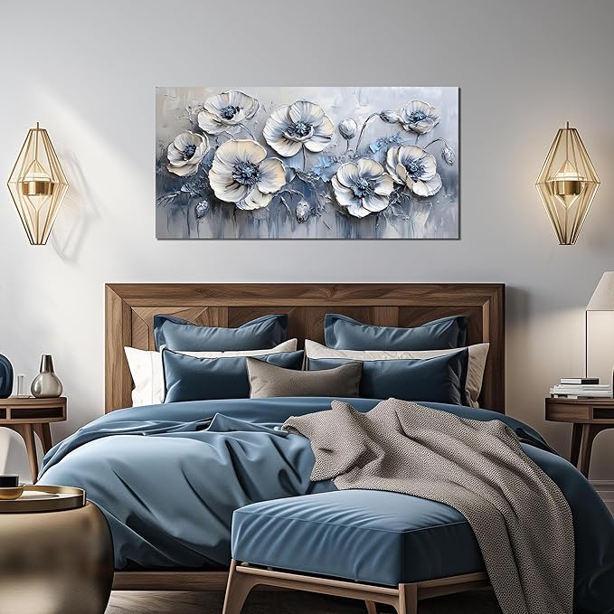 AOZEMI Large White Flower Canvas Wall Art for Living Room Bedroom Home Office Blue Picture Modern Floral Canvas Wall Decor Prints Artwork 24"x 48"