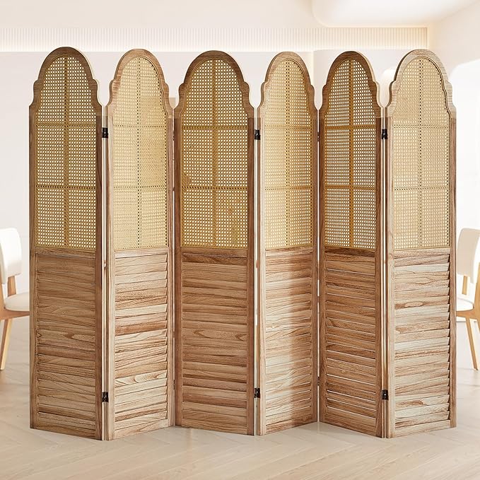 6 Panel Rattan Room Divider, 6 FT Tall Portable Partition Solid Wood Frame Folding Privacy Screen, Partition Room Divider Ideal for Bedroom Living Room Office, Light Brown