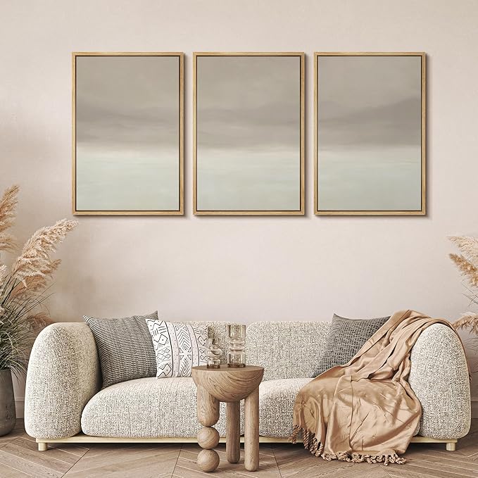 MUDECOR Framed Wall Art Print Set Misty Horizon Minimalist Foggy Mountain Landscape in Soft Neutral Tones Illustrations Realism Decorative for Living Room, Bedroom, Office - 24"x36"x3 Natural