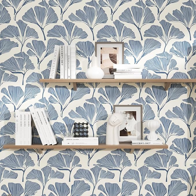 Blue Leaf Peel and Stick Wallpaper - Boho Vintage Floral Wall Decor - Removable, Self-Adhesive for Cabinet Drawers - 17.5''x118.1''