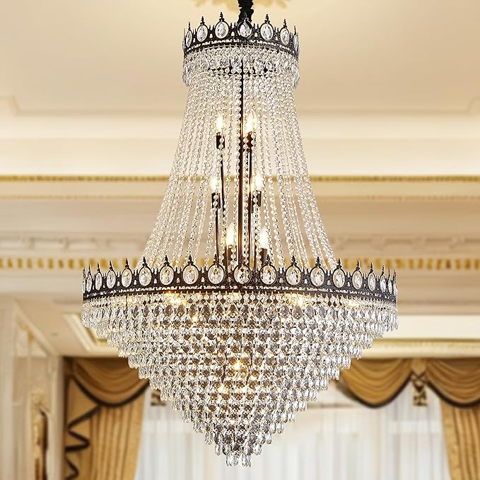 KoKo&Yukina 32" French Empire Crystals Chandelier 26 Light Black Crystal Chandeliers Modern Black Crystal Chandelier Round Large High Ceiling Sloped Hanging Light Fixtures for Hallway Staircase