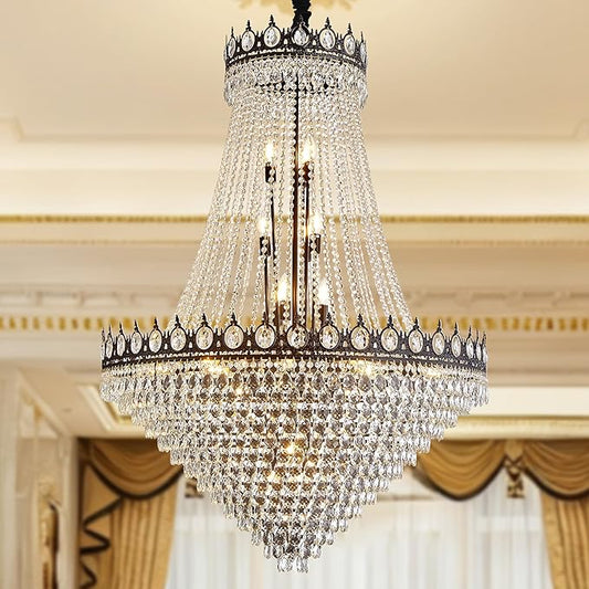 KoKo&Yukina 32" French Empire Crystals Chandelier 26 Light Black Crystal Chandeliers Modern Black Crystal Chandelier Round Large High Ceiling Sloped Hanging Light Fixtures for Hallway Staircase
