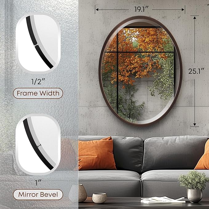 OVALCREST - Oval Wooden Beveled Wall Mirror for Home Decor, Bathroom, Vanity, Bedroom, Living Room, Hallway - London Style (Rubbed Bronze) 25.1 x 19.1