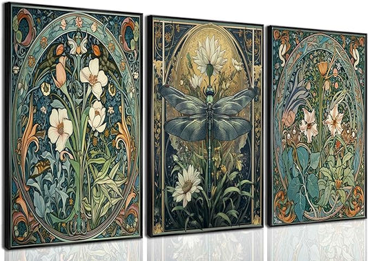 3Pcs Floral Dragonfly Canvas Wall Art Dark Flower Green Plant Decor painting Pictures Vintage White Lily Daisy Posters Prints for Living room Bathroom Bedroom Office Hallway Home Decoration Unframed