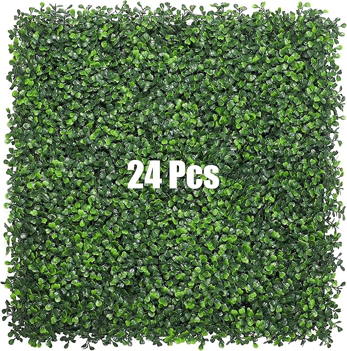 Bybeton Artificial Boxwood Panels,20"x 20" (24Pcs) 4-Layer Leaves UV-Anti Greenery Grass Wall Backdrop for Indoor Outdoor Privacy Hedge and Garden, Balcony,Privacy Fence Screen Decor
