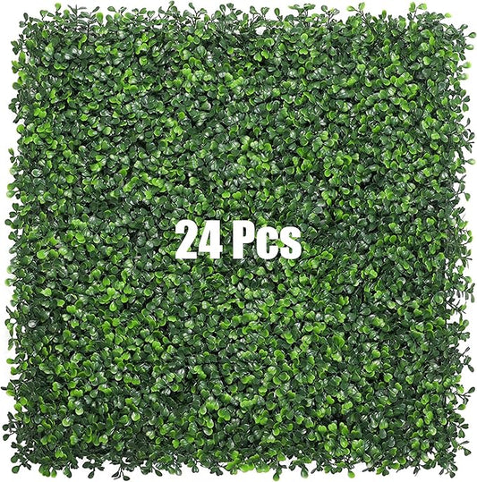 Bybeton Artificial Boxwood Panels,20"x 20" (24Pcs) 4-Layer Leaves UV-Anti Greenery Grass Wall Backdrop for Indoor Outdoor Privacy Hedge and Garden, Balcony,Privacy Fence Screen Decor