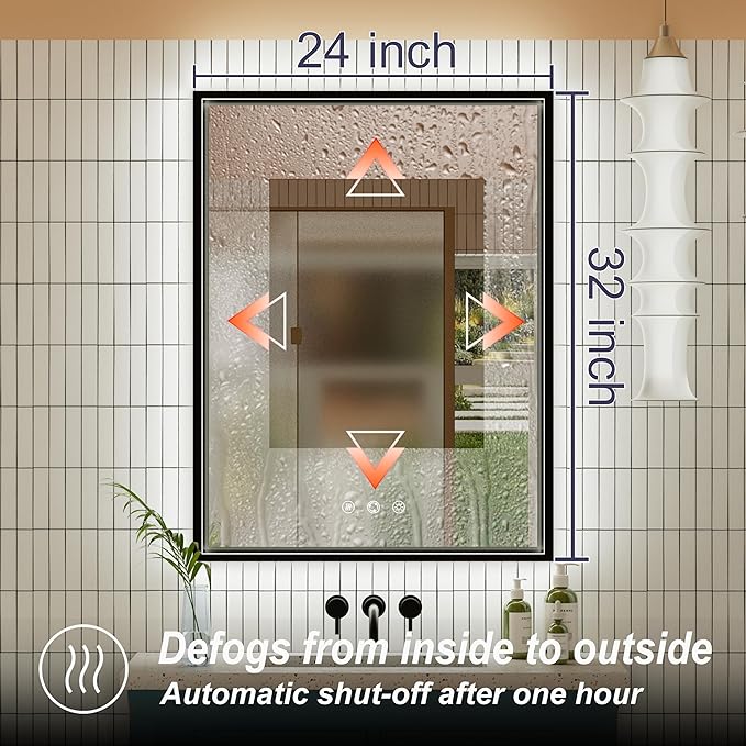 24x32 Inch LED Bathroom Mirror with Front & Back Lights, Adjustable 3000K/4500K/6000K, Wall Mounted Black Lighted Bathroom Vanity Mirrors, Dimmable, Memory, Anti-Fog, Horizontal/Vertical