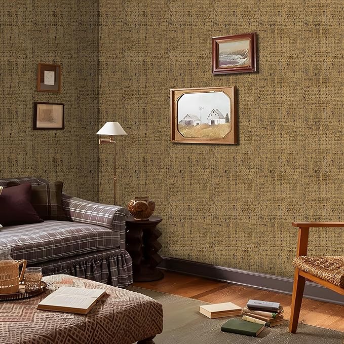 15.75"x393.7" Brown Wallpaper Peel and Stick Removable Grasscloth Textured Wall Paper Self Adhesive Cabinets Drawers Bookshelves Vintage Contact Paper Thickened Waterproof Faux Linen Vinyl Roll