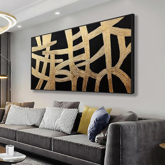 Abstract Canvas Wall Art Modern Artwork Canvas Prints Framed Canvas Picture Contemporary Wall Art Black And Gold Lines Texture Artwork Bedroom Living Room Office Decoration Ready To Hang 24x48