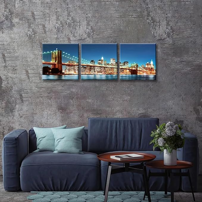 NAN Wind 3PCS Brooklyn Bridge Canvas Art Illuminated NYC Skyline with City Lights Wall Decor Modern Manhattan Night View Panoramic Prints Contemporary Water Reflection Canvas Set for Living Room