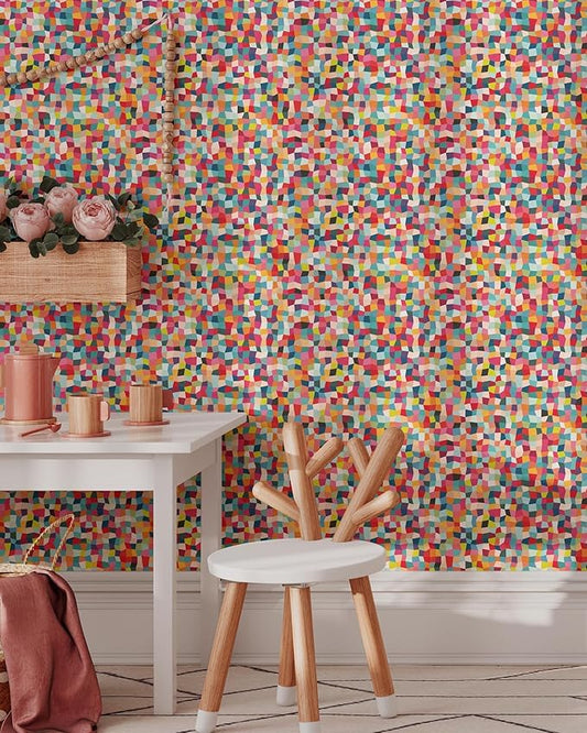 Bright Color Squares Wallpaper | Removable Self Adhesive Abstract Geometrical Wallpaper | Colorful Peel and Stick Wallpaper (1 roll 24" W x 84" H)