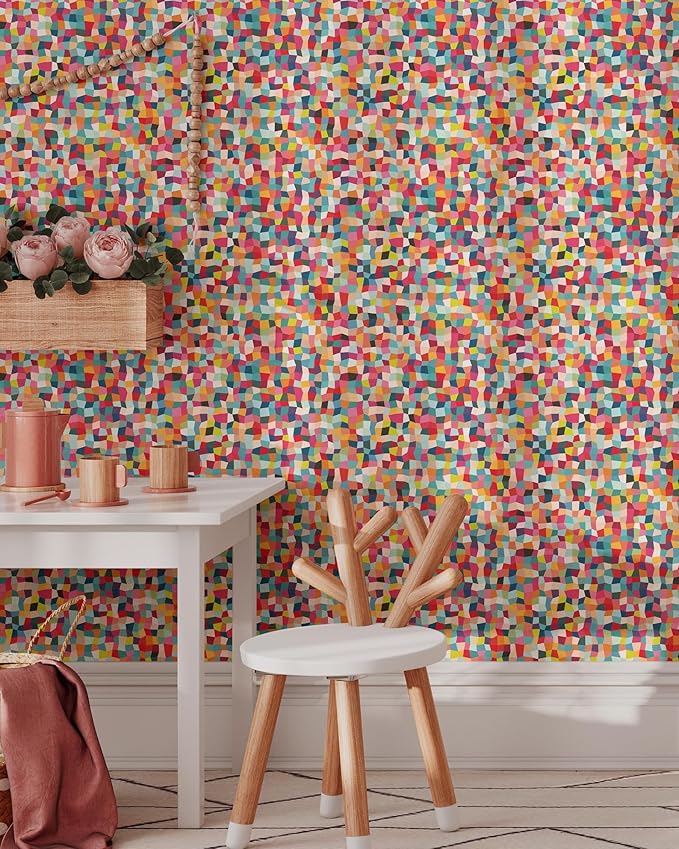 Bright Color Squares Wallpaper | Removable Self Adhesive Abstract Geometrical Wallpaper | Colorful Peel and Stick Wallpaper (1 roll 24" W x 48" H)
