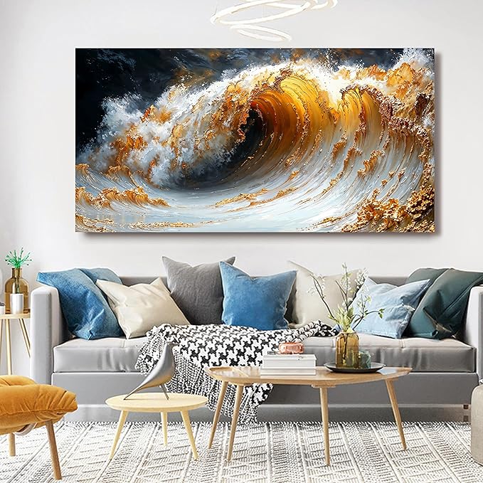 Canvas Wall Art Decor Large Wall Art for Living Room Large Artwork for Walls Gold Wave Wall Art Pictures Art Work for Wall Decor Modern Abstract Wall Art Prints Bedroom Office Decor 29" X 58"
