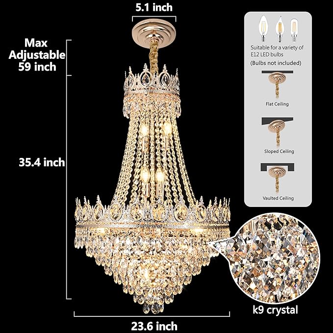 KoKo&Yukina Gold 23.6" French Empire Crystal Chandelier 14 Lights K9 Crystal Chandeliers Modern Farmhouse Crystal Chandeliers Adjustable Hanging Chandelier for Living Room Dining Room Bedroom