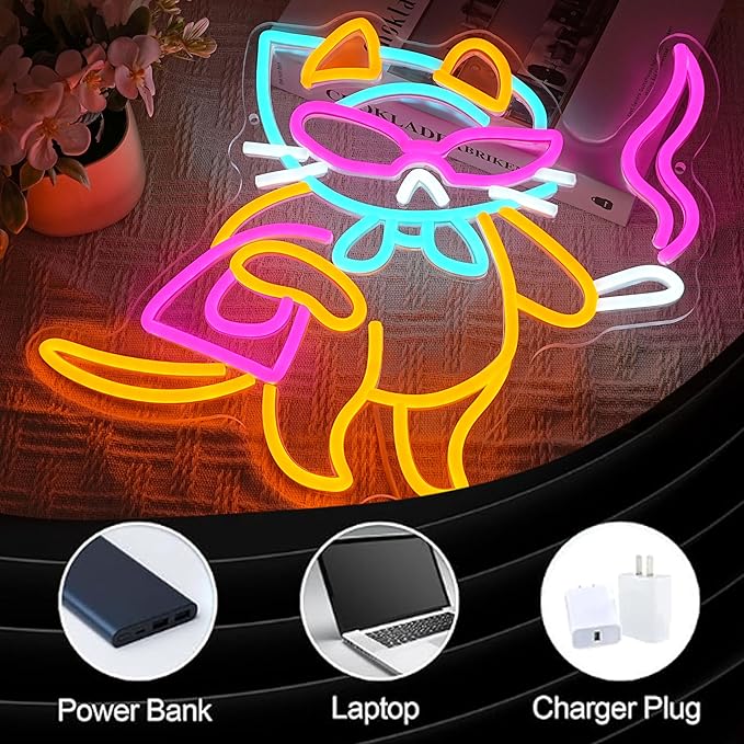 Lady Cat Neon Sign USB Powered Cool Glasses Cat LED Light Sign for Wall Decor Dimmable Fashion Kitty Neon Light for Bedroom Living Room Man Cave Bar Party Fashion Store Pet Shop
