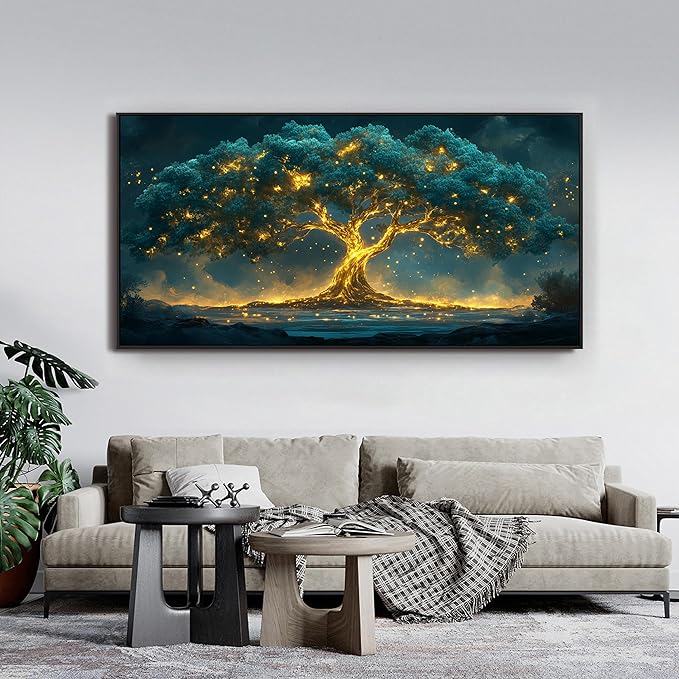 Canvas Framed Wall Art Decor Artwork for Walls Oversized Green Gold Wall Art Prints Large Tree of Life Wall Art for Living Room Canvas Art Wall Decor Modern Home Office Aesthetic Wall Art Decor 29" x 58"