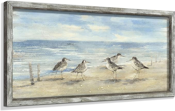 Beach Framed Painting Wall Decor: Abstract Ocean Wall Art Coastal Oil Painting Style Seagulls Picture Printed on Wood Seascape Artwork for Office 24"x12"