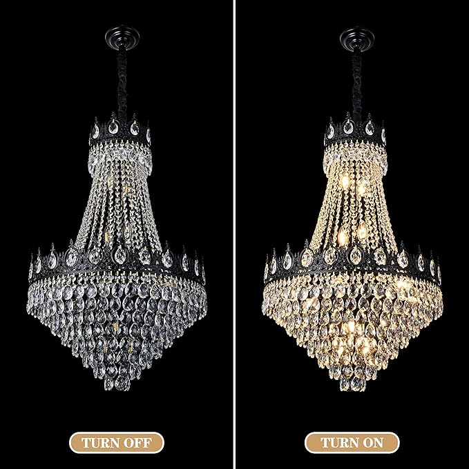 KoKo&Yukina Black 23.6" French Empire Crystal Chandelier - 14 Lights K9 Modern Farmhouse Adjustable Hanging Light for Living Room, Dining Room, Bedroom