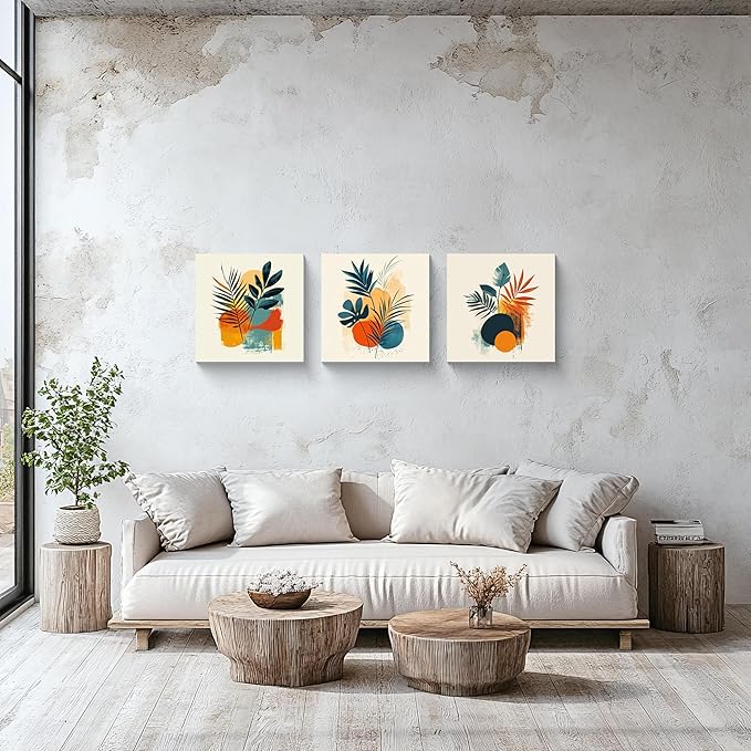 NAN Wind 3Pcs Tropical Leaf Wall Art Palm Frond and Foliage Canvas Print with Bold Orange Teal Yellow Shapes Mid-Century Modern Botanical Plant Pictures for Boho Living Room Bedroom Office Wall Decor