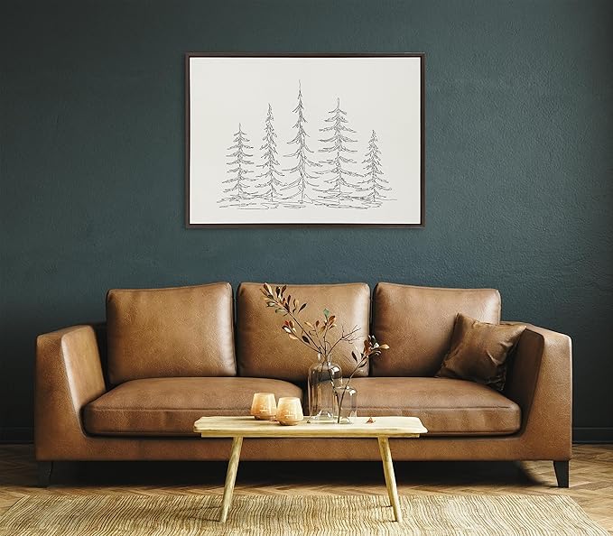 Kate and Laurel Sylvie Minimalist Evergreen Trees Sketch Framed Canvas Wall Art by The Creative Bunch Studio; 28x38 Brown; Modern Minimal Tree Line Wall Art