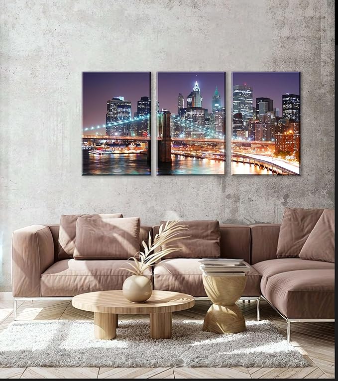 3Pcs 20X30inches New York City Skyline Canvas Wall Art Brooklyn Bridge Night View Framed Wall Decor Blue Purple Manhattan Urban Cityscape Picture Canvas Artwork Modern Home Decor Living Room Office