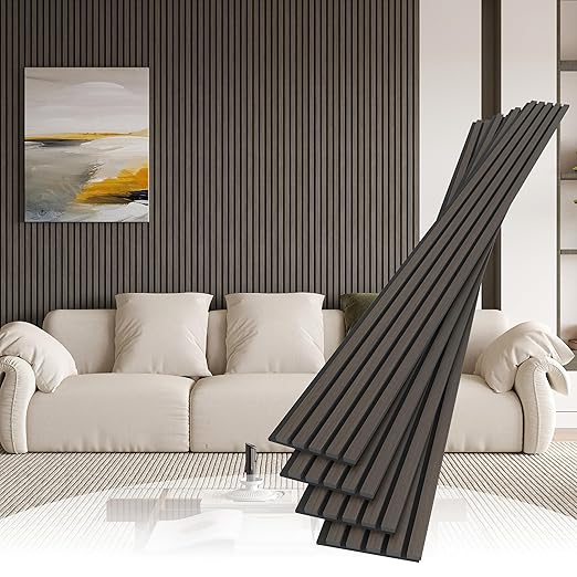4 Pack Wood Slat Wall Wood Paneling,95 x 8 in Soundpoof Wooden Engineered Wooden Slat Wall Panels,Stylish Acoustic Wall Panels for Interior Walls Decor with Felt Backing,Black-Brown