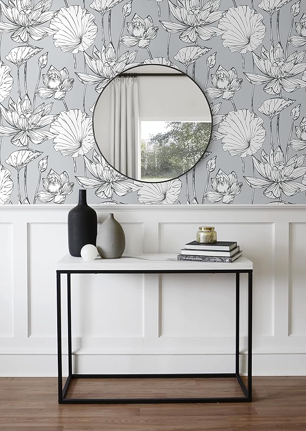 NextWall Lotus Floral Peel and Stick Wallpaper (Gray)